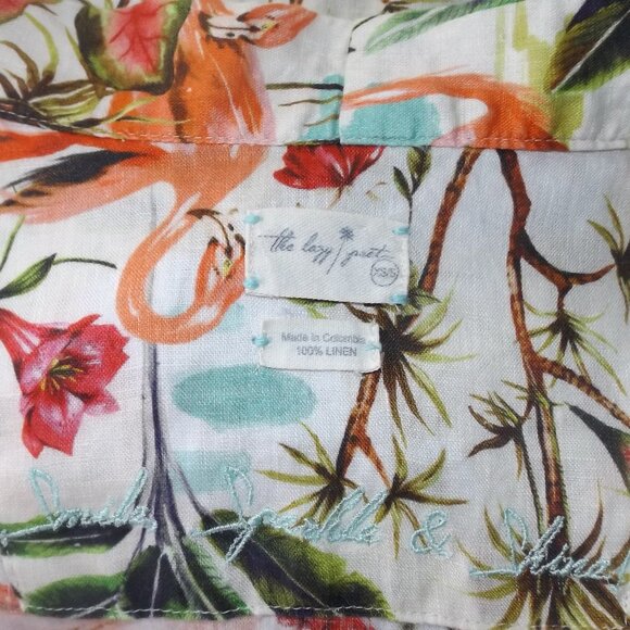 LAZY POET Linen Kimono/Swim Cover up, LONG slit, Flamingo/Multicolor Print - Picture 11 of 13